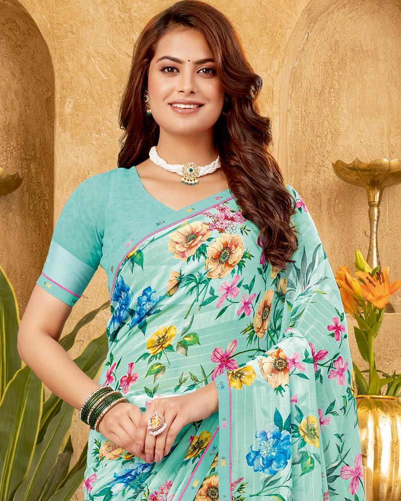 Vishal Prints Mint Green Printed Patterned Georgette Digital Print Saree With Fancy Border