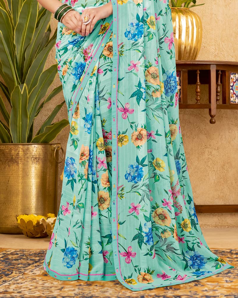 Vishal Prints Mint Green Printed Patterned Georgette Digital Print Saree With Fancy Border