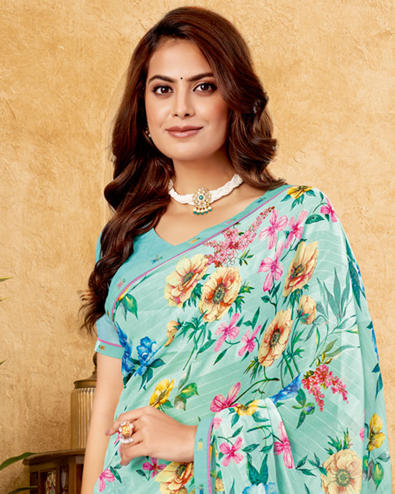 Vishal Prints Mint Green Printed Patterned Georgette Digital Print Saree With Fancy Border