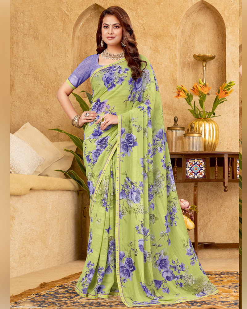 Vishal Prints Olive Green Printed Patterned Georgette Digital Print Saree With Fancy Border