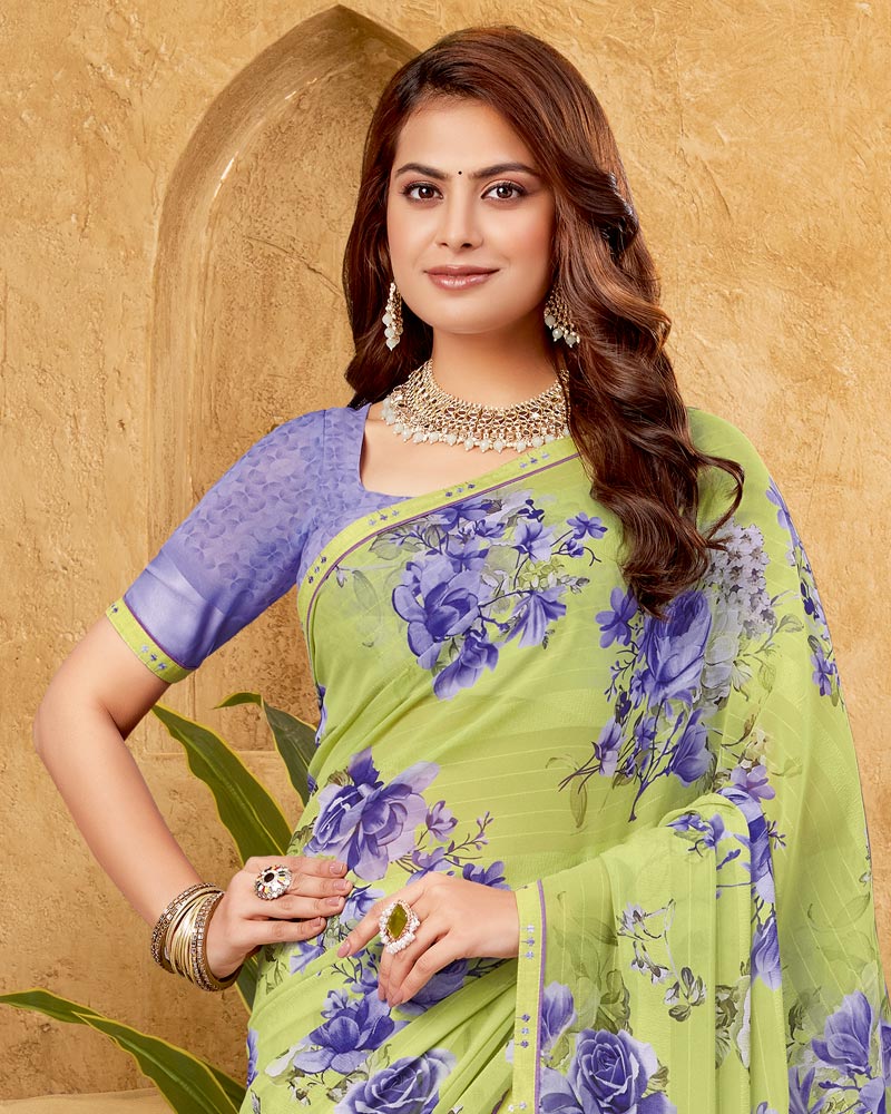 Vishal Prints Olive Green Printed Patterned Georgette Digital Print Saree With Fancy Border