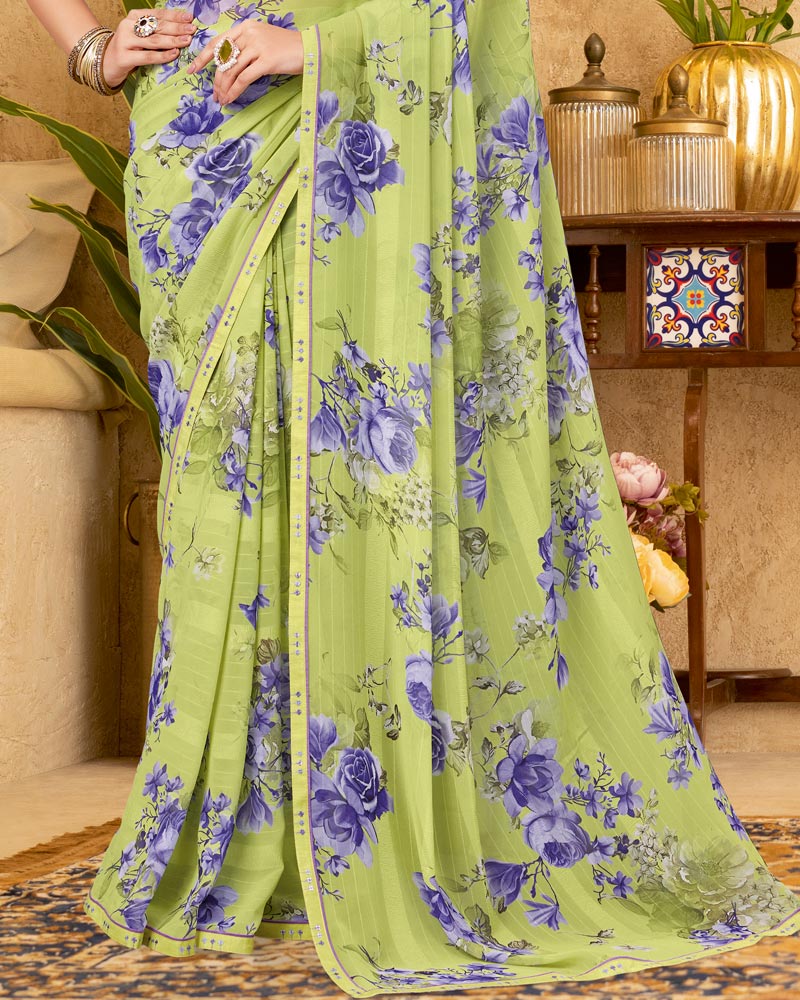 Vishal Prints Olive Green Printed Patterned Georgette Digital Print Saree With Fancy Border