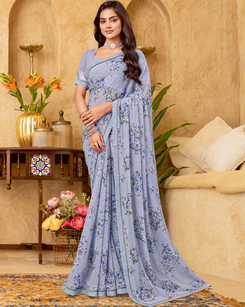 Vishal Prints Greyish Blue Printed Patterned Georgette Digital Print Saree With Fancy Border