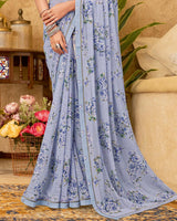 Vishal Prints Greyish Blue Printed Patterned Georgette Digital Print Saree With Fancy Border
