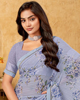 Vishal Prints Greyish Blue Printed Patterned Georgette Digital Print Saree With Fancy Border