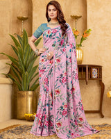 Vishal Prints Soft Pink Printed Patterned Georgette Digital Print Saree With Fancy Border