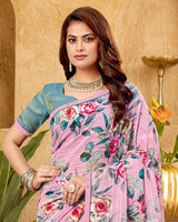Vishal Prints Soft Pink Printed Patterned Georgette Digital Print Saree With Fancy Border