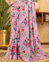 Vishal Prints Soft Pink Printed Patterned Georgette Digital Print Saree With Fancy Border