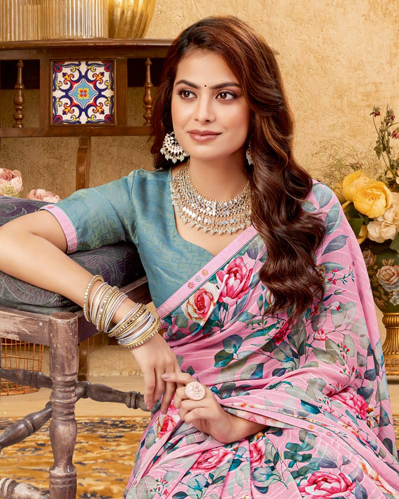 Vishal Prints Soft Pink Printed Patterned Georgette Digital Print Saree With Fancy Border