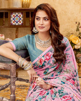 Vishal Prints Soft Pink Printed Patterned Georgette Digital Print Saree With Fancy Border