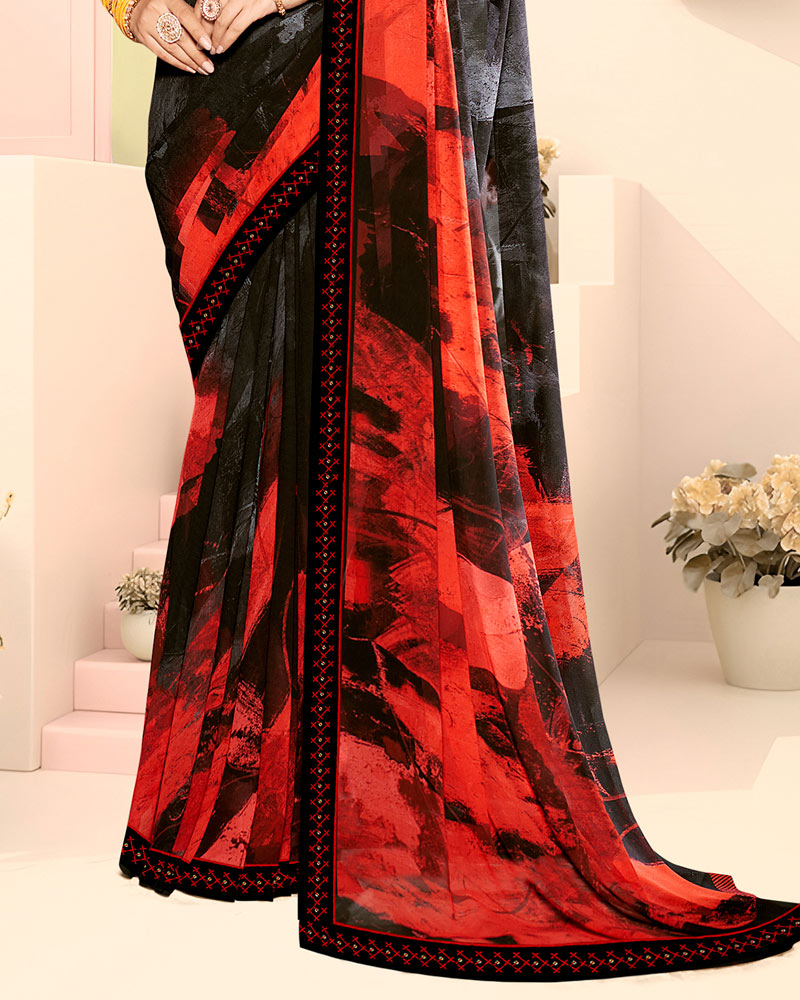 Vishal Prints Black Red Fancy Georgette Digital Print Saree With Embroidery Border