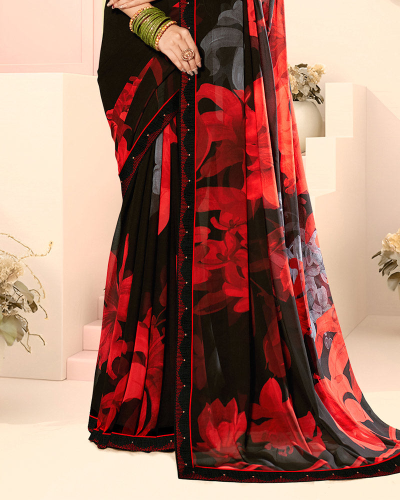 Vishal Prints Black Floral Fancy Georgette Digital Print Saree With Embroidery Border