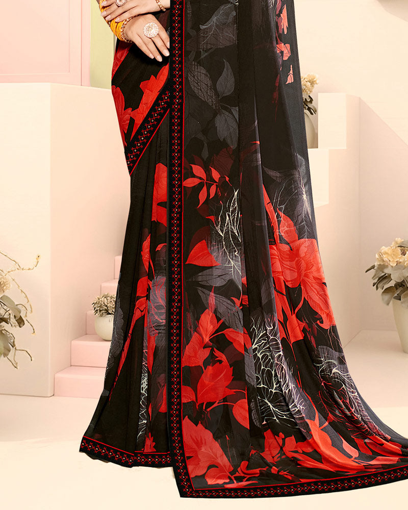 Vishal Prints Black Leafy Fancy Georgette Digital Print Saree With Embroidery Border