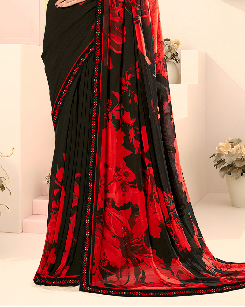 Vishal Prints Black Hibiscus Fancy Georgette Digital Print Saree With Embroidery Border