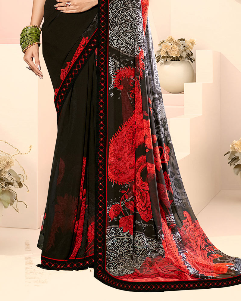 Vishal Prints Black Fancy Georgette Digital Print Saree With Embroidery Border