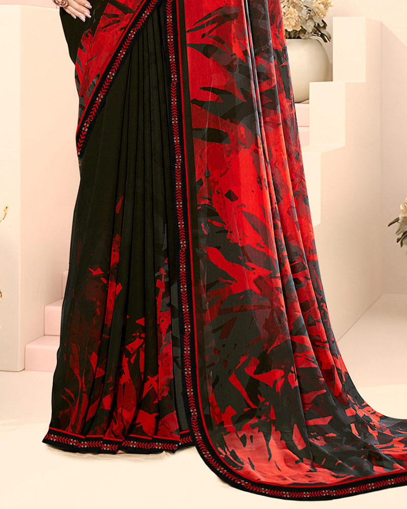 Vishal Prints Black Abstract Fancy Georgette Digital Print Saree With Embroidery Border