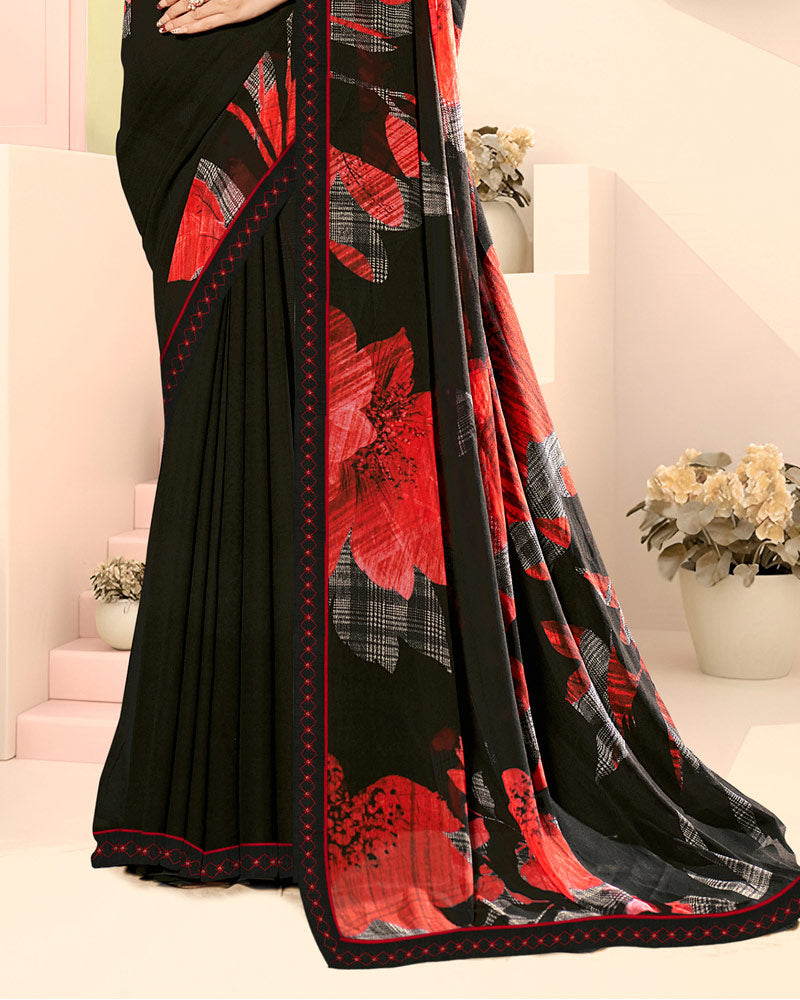 Vishal Prints Matt Black Fancy Georgette Digital Print Saree With Embroidery Border