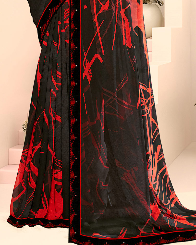 Vishal Prints Deep Black Fancy Georgette Digital Print Saree With Embroidery Border