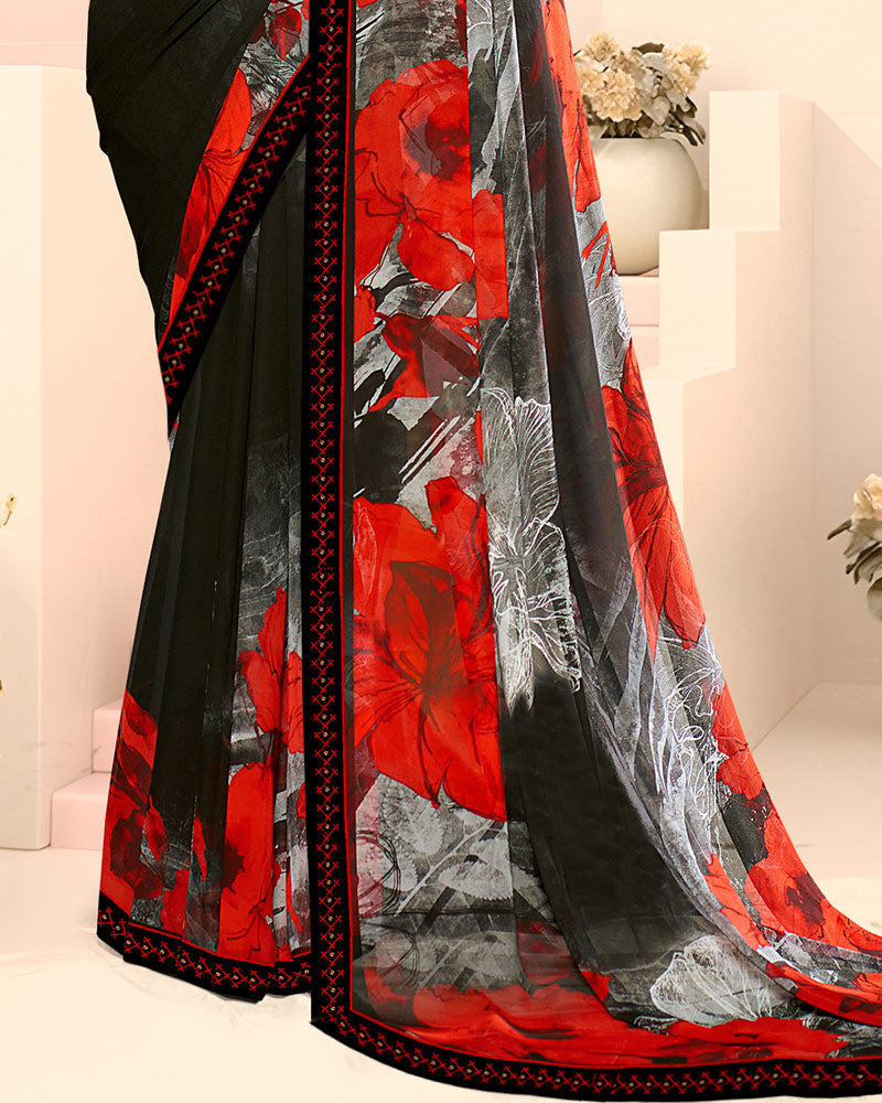 Vishal Prints Jet Black Fancy Georgette Digital Print Saree With Embroidery Border