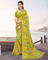Vishal Prints Olive Yellow Printed Patterned Georgette Saree With Border
