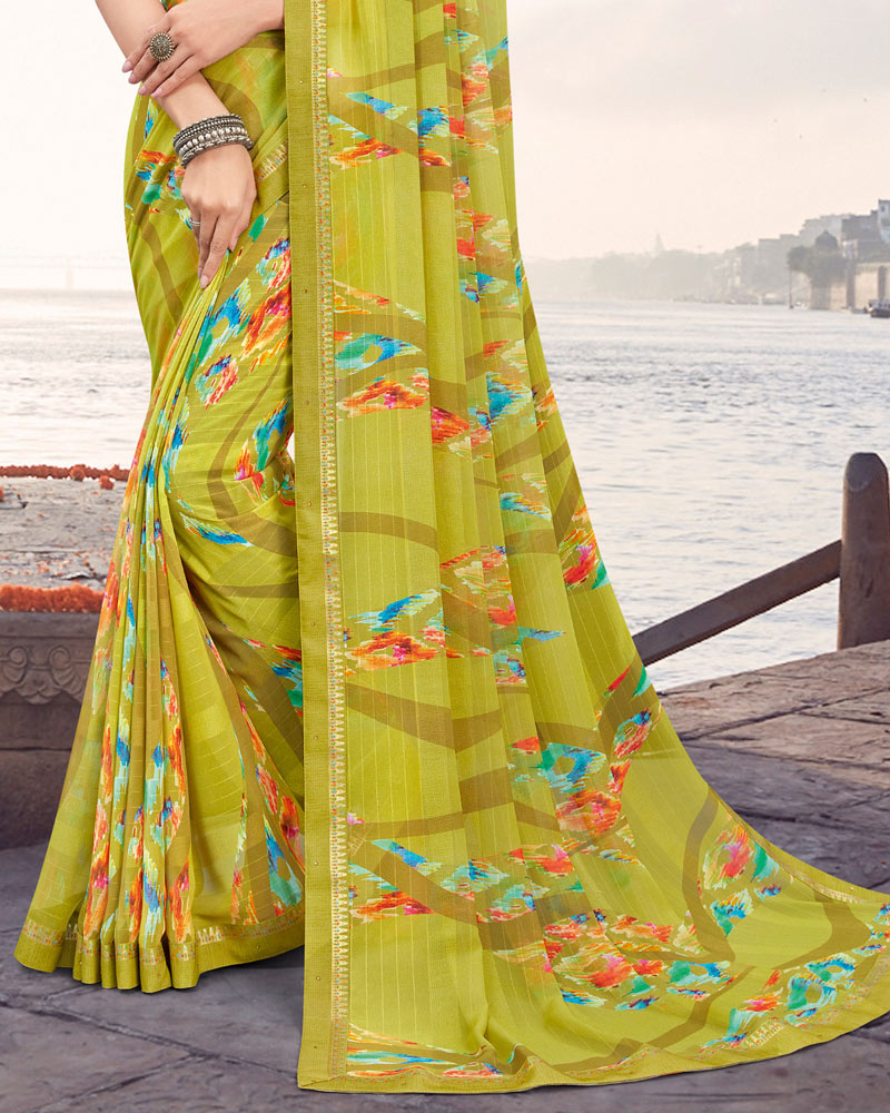Vishal Prints Olive Yellow Printed Patterned Georgette Saree With Border