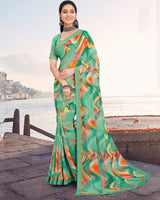 Vishal Prints Dark Mint Green Printed Patterned Georgette Saree With Border