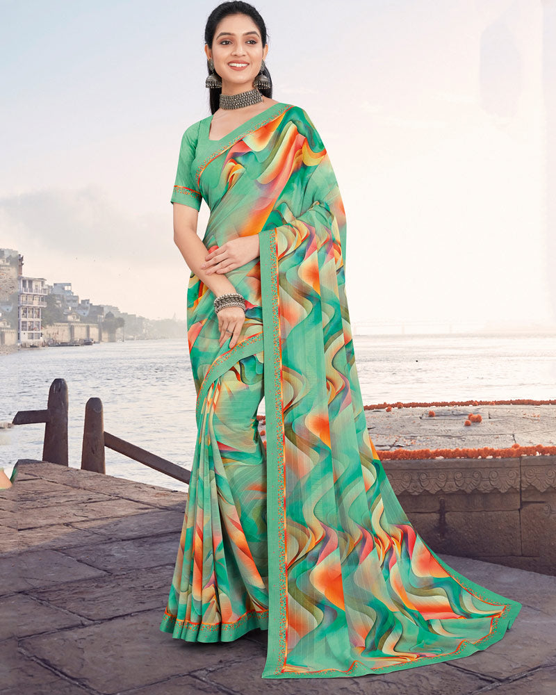 Vishal Prints Dark Mint Green Printed Patterned Georgette Saree With Border