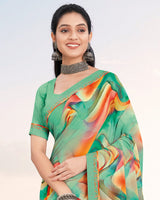 Vishal Prints Dark Mint Green Printed Patterned Georgette Saree With Border