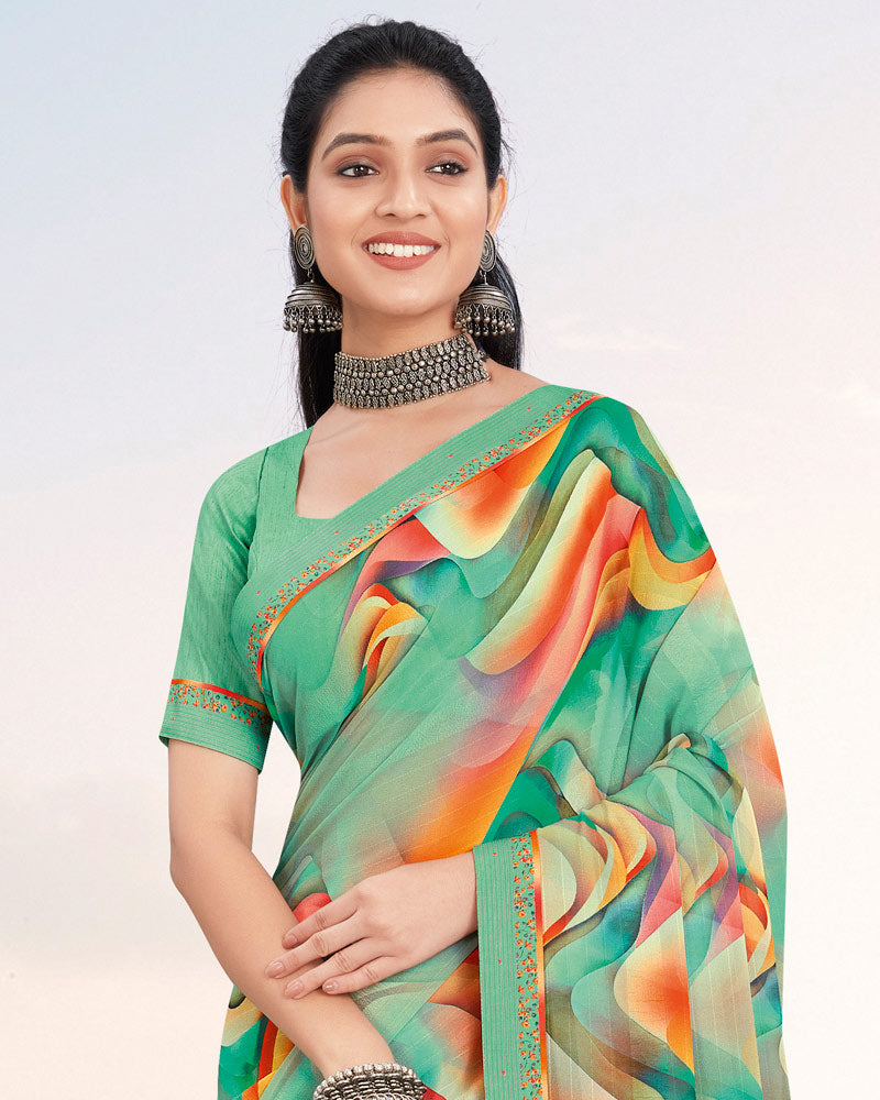 Vishal Prints Dark Mint Green Printed Patterned Georgette Saree With Border