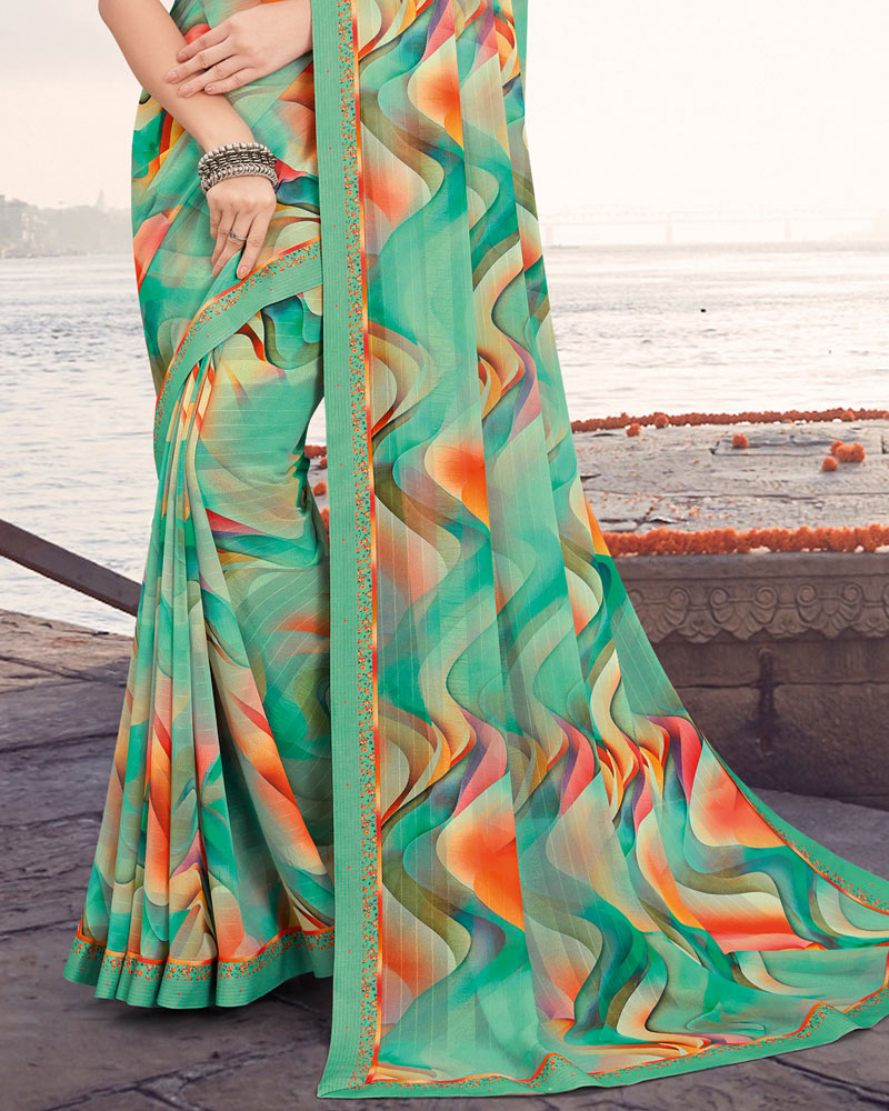Vishal Prints Dark Mint Green Printed Patterned Georgette Saree With Border
