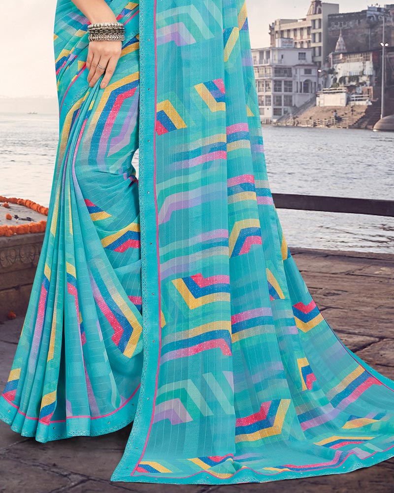 Vishal Prints Dark Turquoise Blue Printed Patterned Georgette Saree With Border