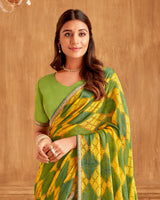 Vishal Prints Dark Yellow Printed Brasso Saree With Fancy Embroidery Piping