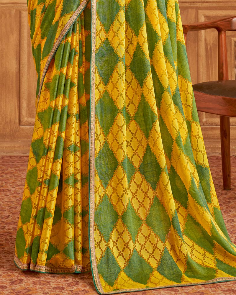 Vishal Prints Dark Yellow Printed Brasso Saree With Fancy Embroidery Piping