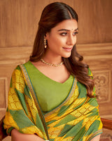 Vishal Prints Dark Yellow Printed Brasso Saree With Fancy Embroidery Piping