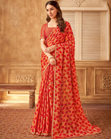 Vishal Prints Cherry Red Printed Brasso Saree With Fancy Embroidery Piping