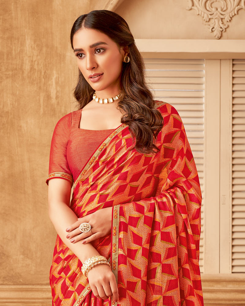 Vishal Prints Cherry Red Printed Brasso Saree With Fancy Embroidery Piping