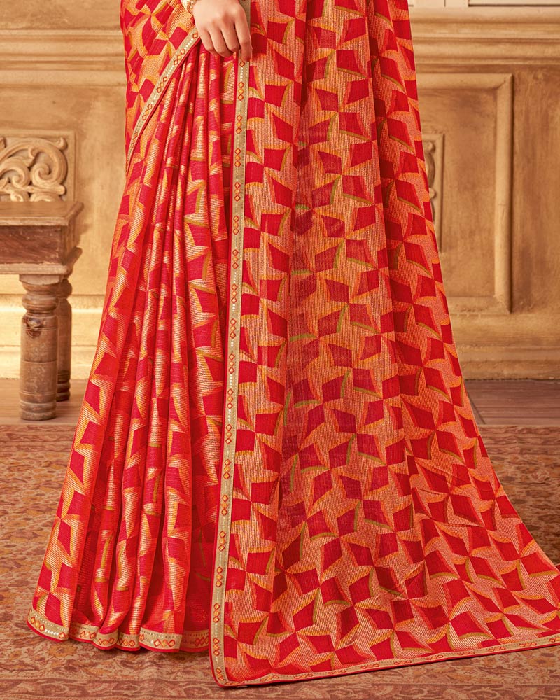 Vishal Prints Cherry Red Printed Brasso Saree With Fancy Embroidery Piping