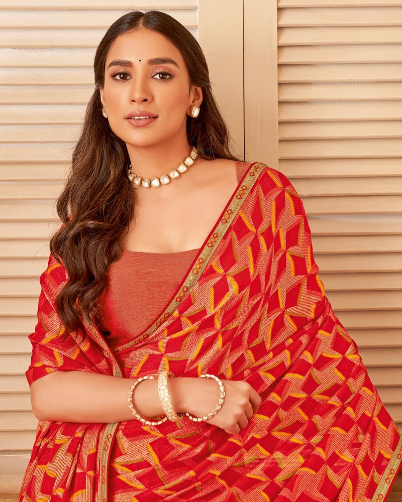 Vishal Prints Cherry Red Printed Brasso Saree With Fancy Embroidery Piping