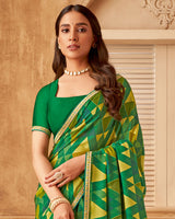 Vishal Prints Dark Sea Green Printed Brasso Saree With Fancy Embroidery Piping