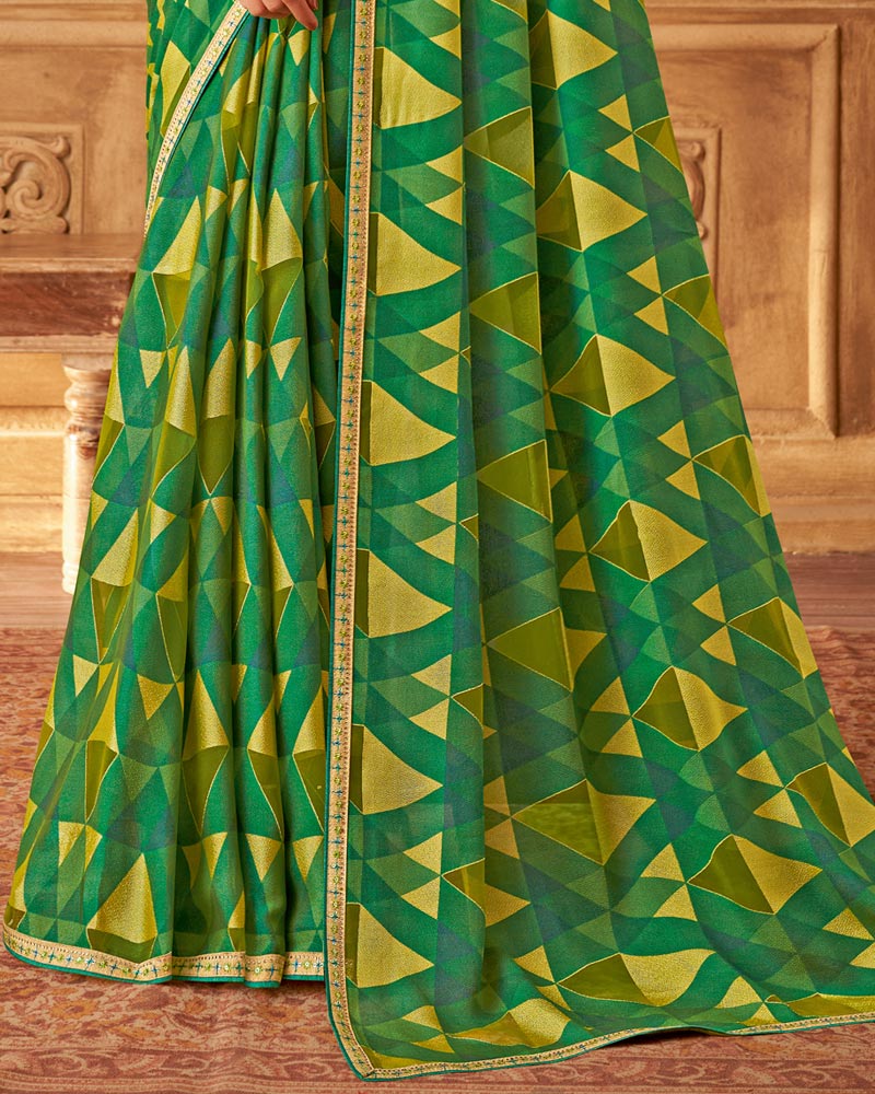 Vishal Prints Dark Sea Green Printed Brasso Saree With Fancy Embroidery Piping