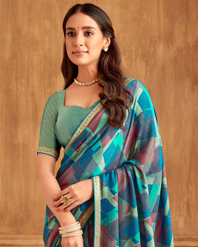Vishal Prints Turquoise Green Printed Brasso Saree With Fancy Embroidery Piping