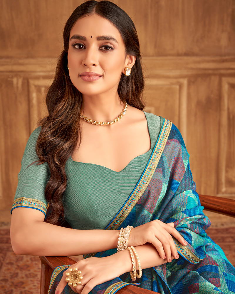 Vishal Prints Turquoise Green Printed Brasso Saree With Fancy Embroidery Piping