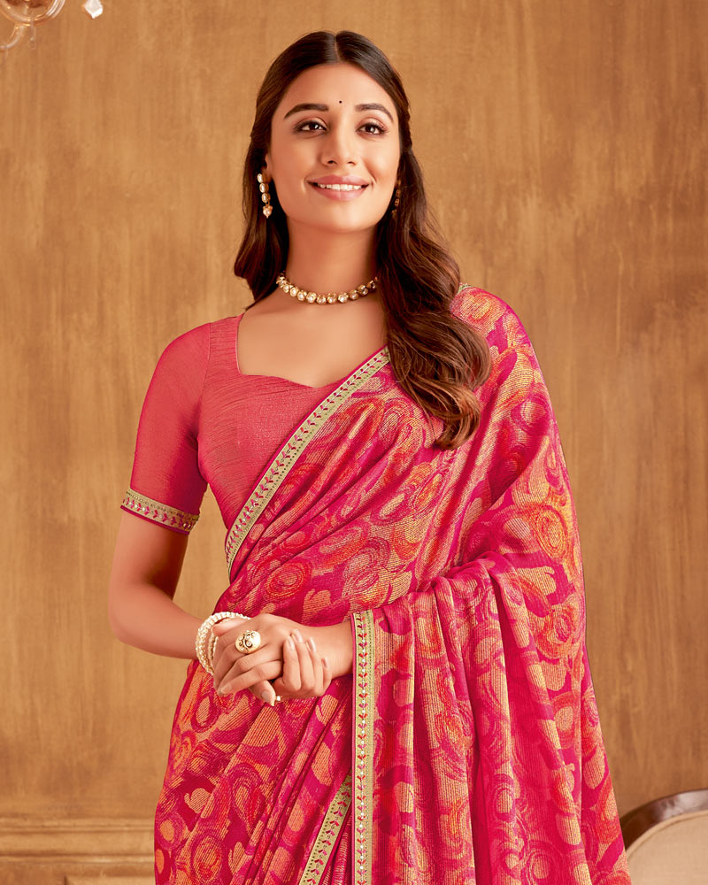 Vishal Prints Cerise Red Printed Brasso Saree With Fancy Embroidery Piping
