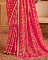 Vishal Prints Cerise Red Printed Brasso Saree With Fancy Embroidery Piping
