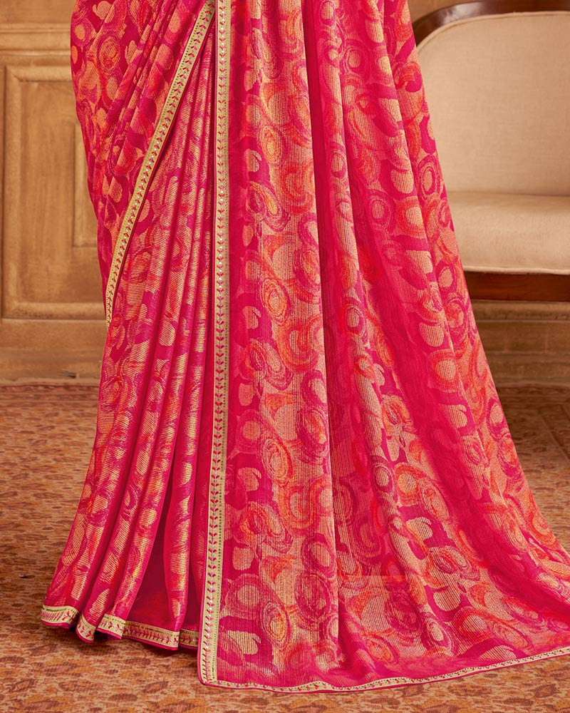 Vishal Prints Cerise Red Printed Brasso Saree With Fancy Embroidery Piping