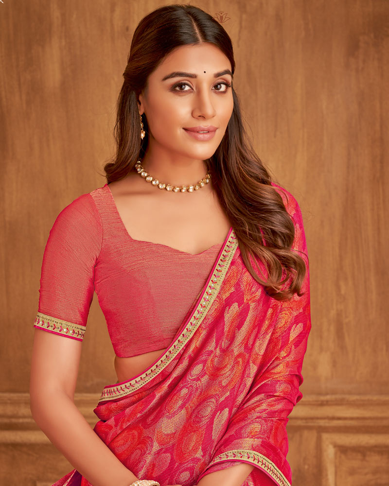 Vishal Prints Cerise Red Printed Brasso Saree With Fancy Embroidery Piping