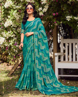 Vishal Prints Teal Blue Printed Chiffon-Brasso Saree With Fancy Border