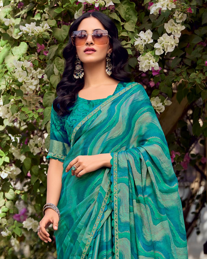 Vishal Prints Teal Blue Printed Chiffon-Brasso Saree With Fancy Border