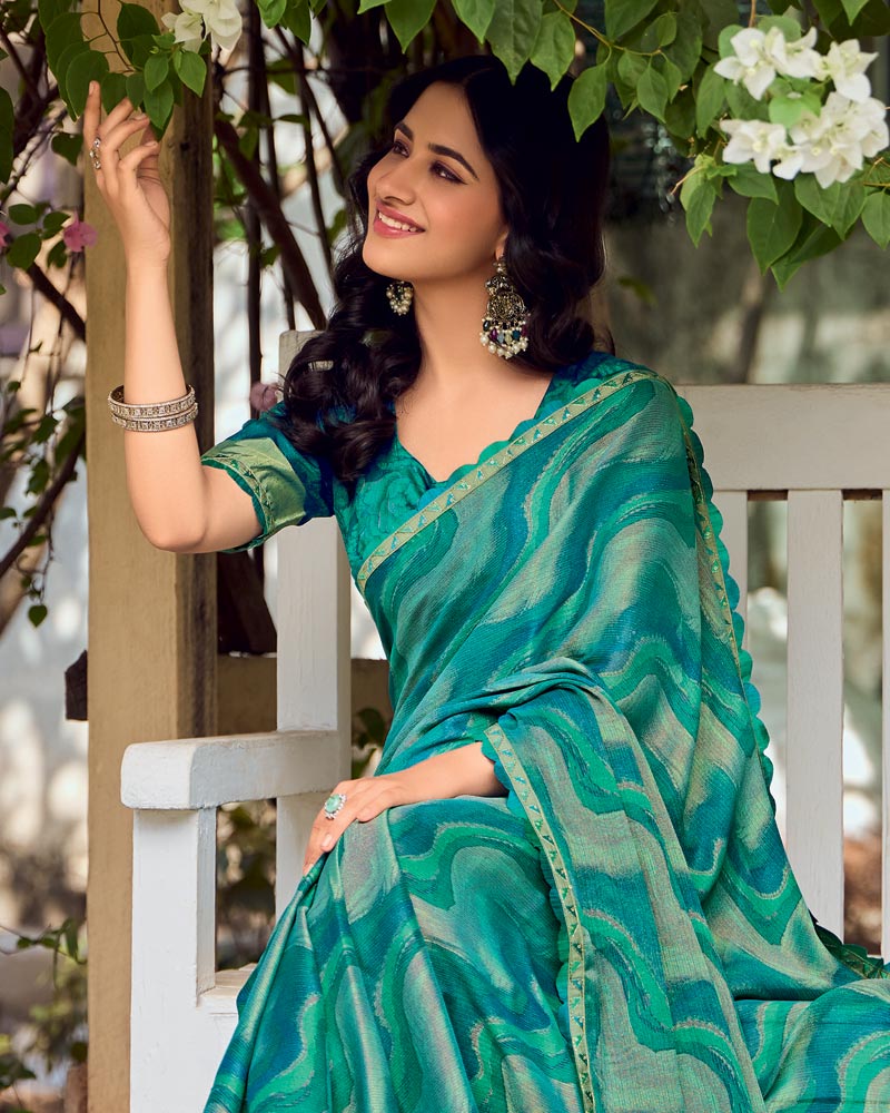 Vishal Prints Teal Blue Printed Chiffon-Brasso Saree With Fancy Border