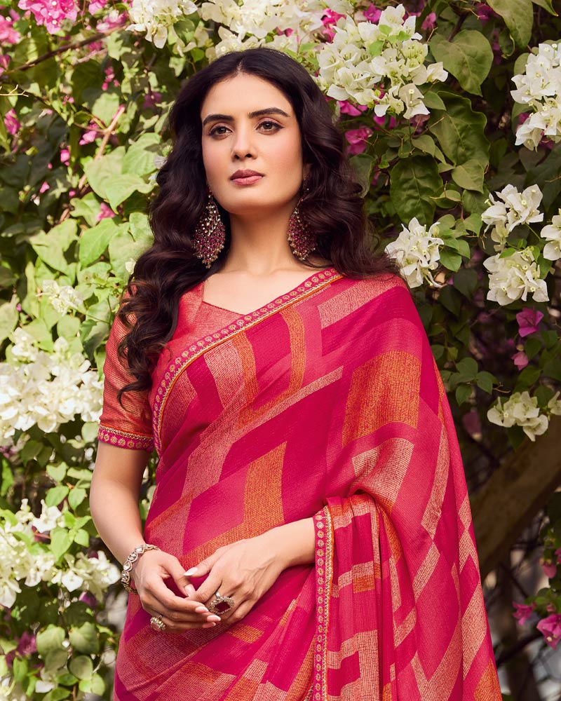 Vishal Prints Pinkish Red Printed Chiffon-Brasso Saree With Fancy Border
